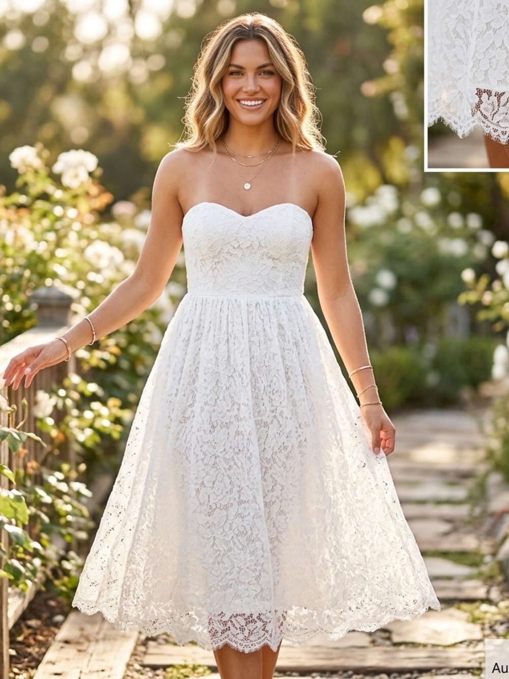 Altar D’State Strapless White Lace Midi Dress